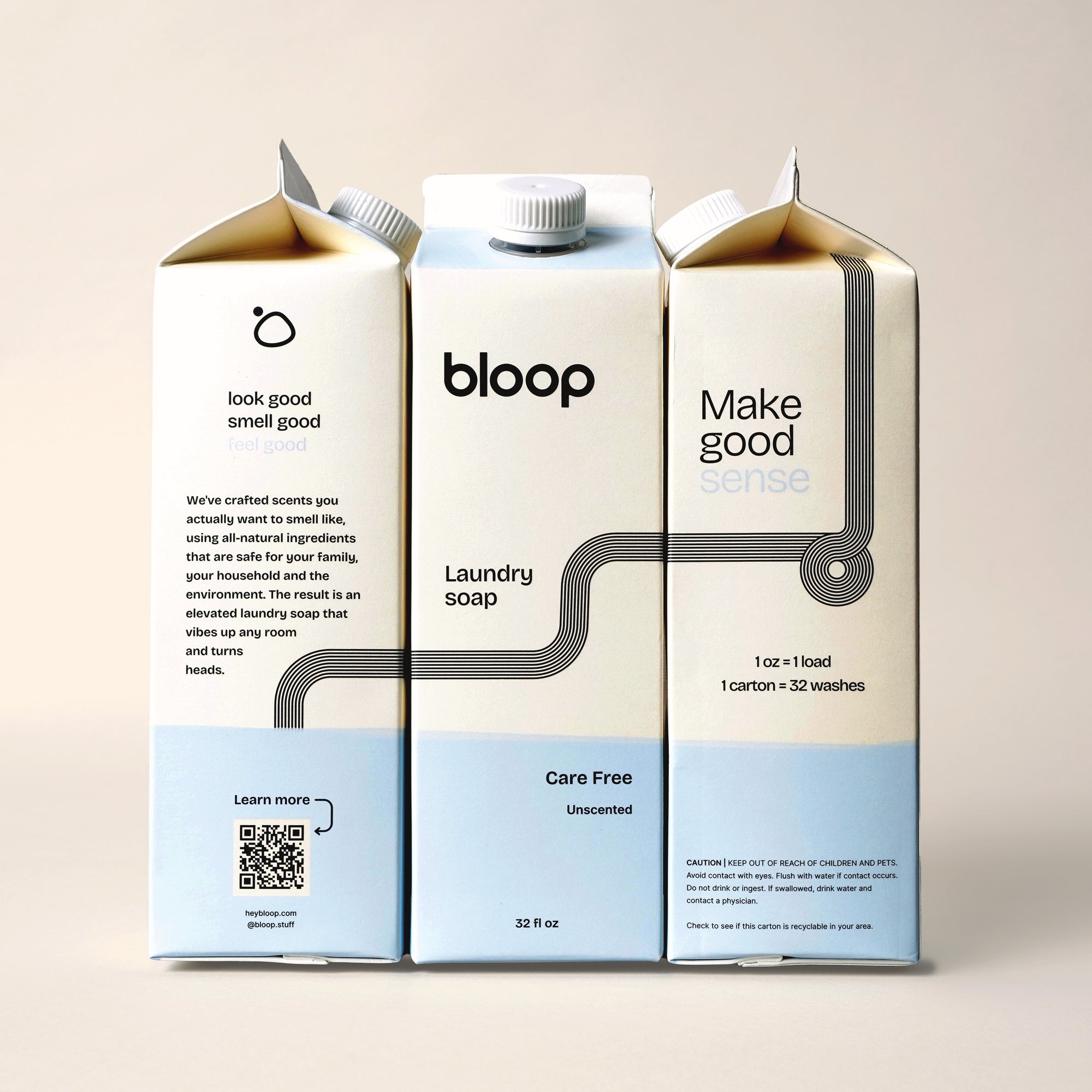 Image of Care Free Natural Laundry Soap. Both side views and front view. 32 ounces. Information about Bloop's mission and QR code.