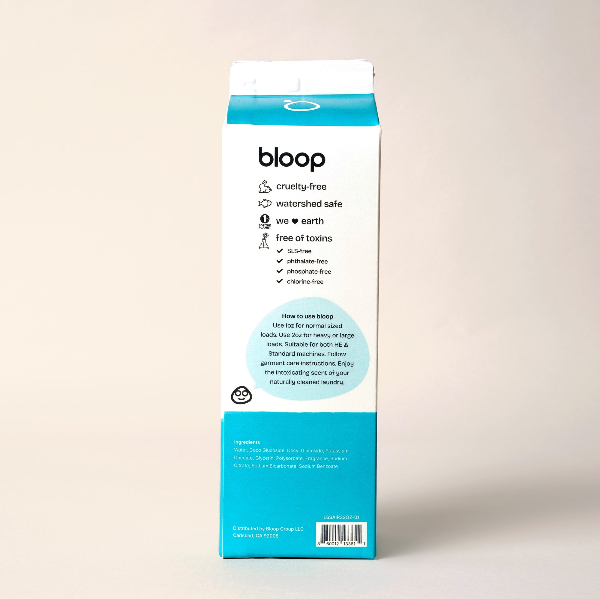 Back View of Salt Air Natural Laundry Soap. 32 ounces, Environmentally Friendly Ingredients. Instructions on how to use.