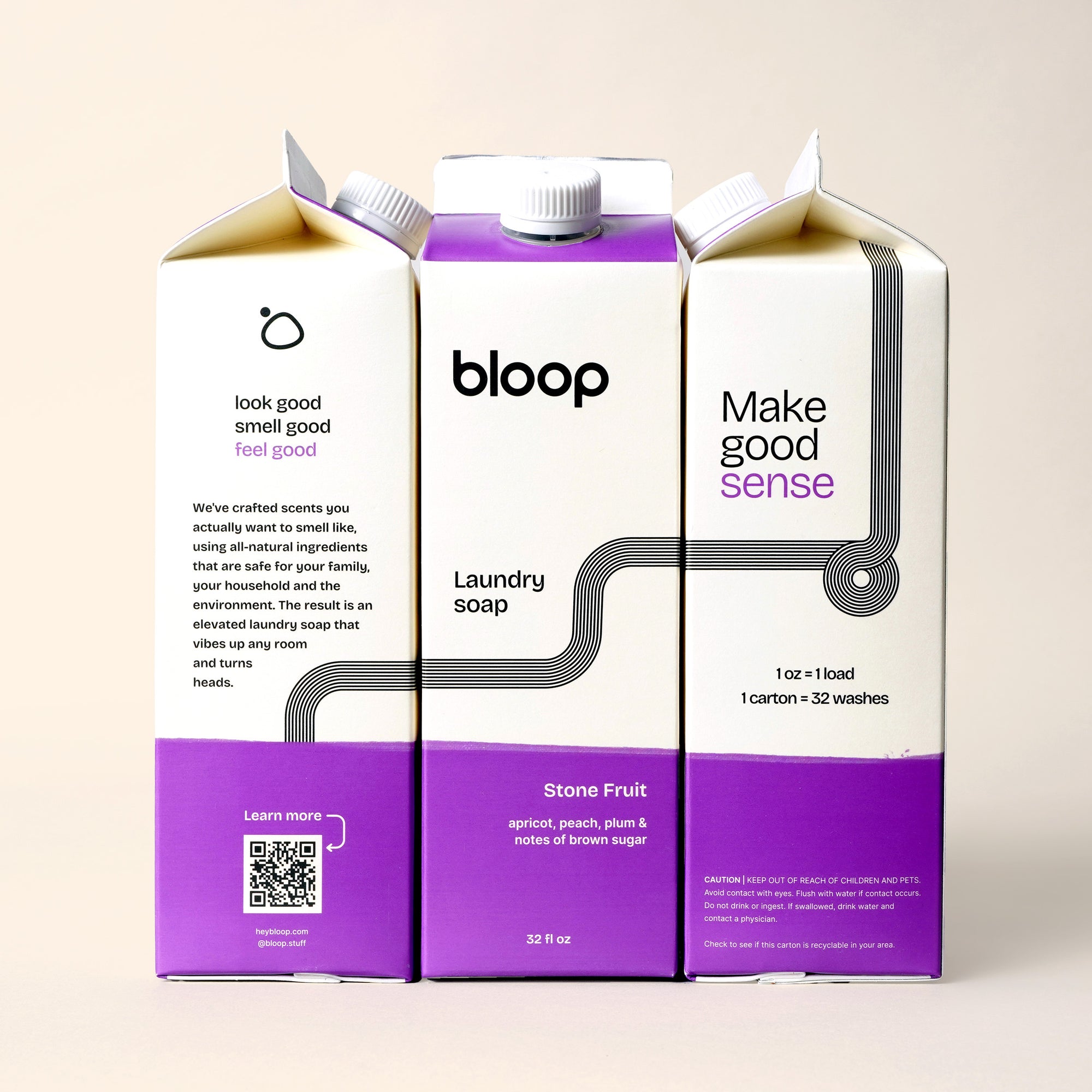 Image of Stone Fruit Natural Laundry Soap. Both side views and front view. 32 ounces. Information about Bloop's mission and QR code.
