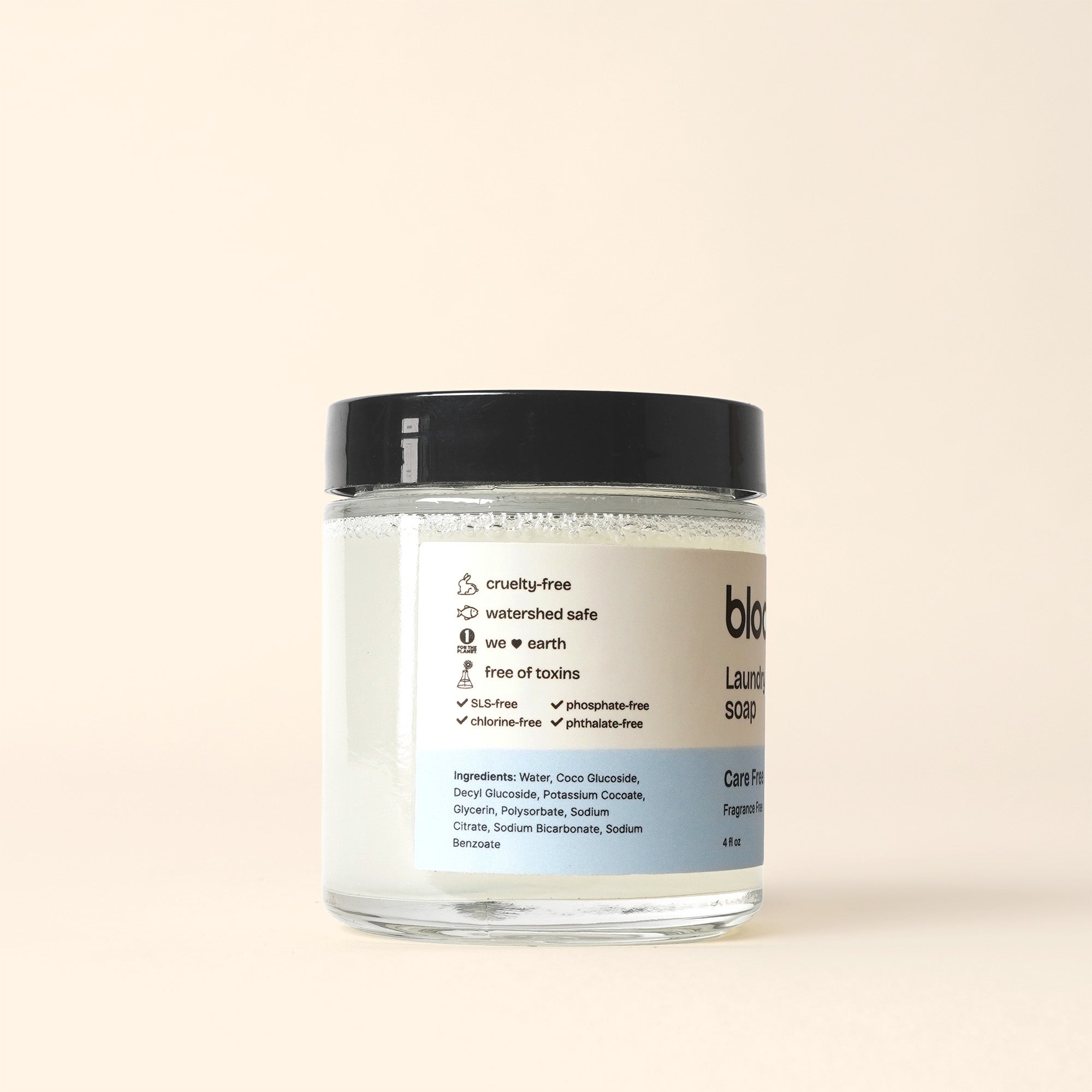 Side View of Care Free Natural Laundry Soap. 4 ounces. Environmentally friendly ingredients. Cruelty-free, SLS-free, phosphate-free, chlorine-free, and phthalate-free.