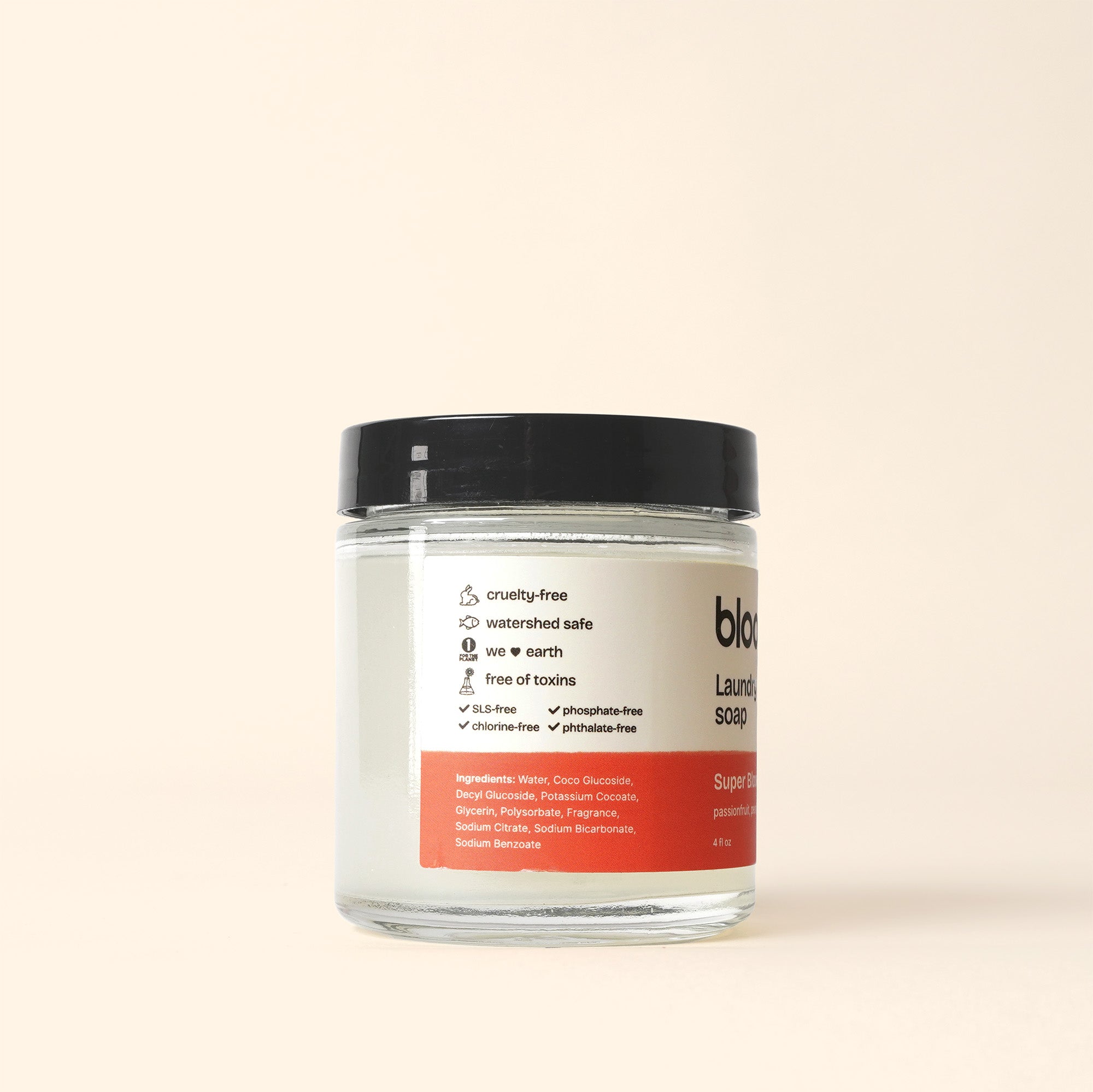 Side View of Super Bloom Natural Laundry Soap. 4 ounces. Environmentally friendly ingredients. Cruelty-free, SLS-free, phosphate-free, chlorine-free, and phthalate-free.