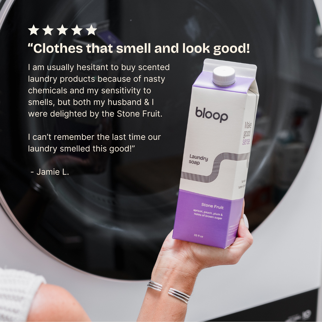 Front View of Stone Fruit Natural Laundry Soap. 32 ounces. Plastic-free packaging. Laundry Soap being held up in front of washing machine with product review from satisfied customer.