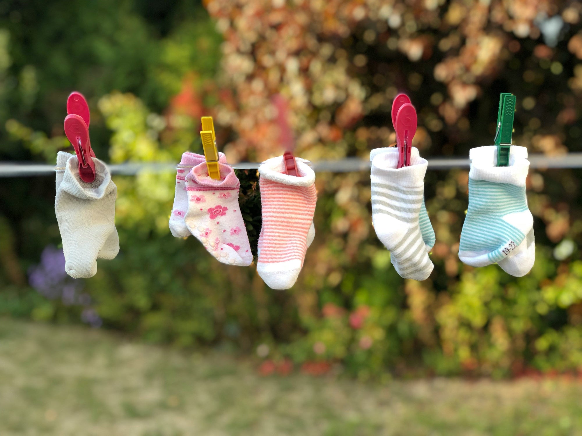 Image of baby socks hung on drying line.