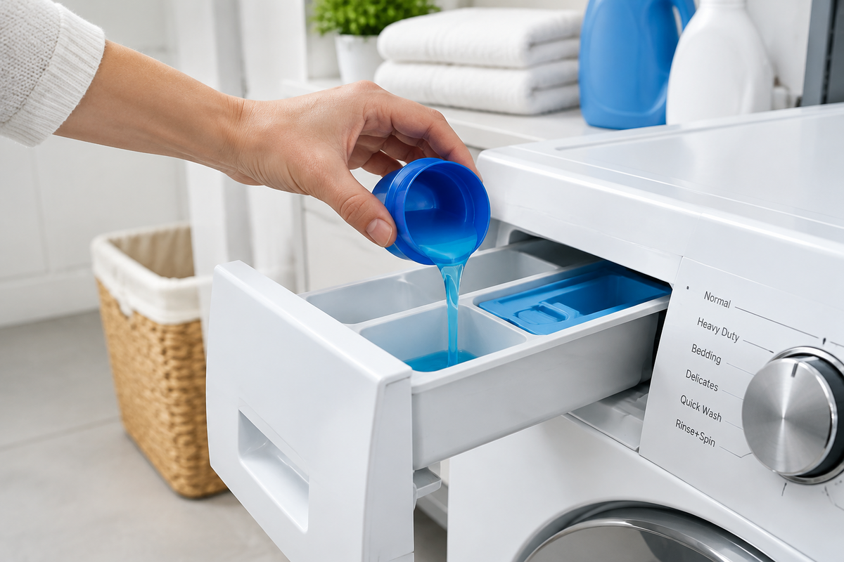 Pouring the right amount laundry soap into a washing machine.