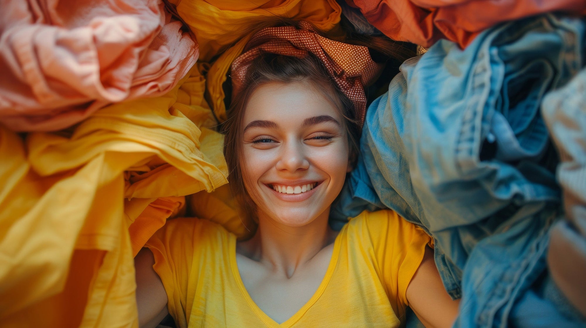 Smiling girl laying in a colorful file of freshly washed laundry. Great laundry scents can improve mood and positive feelings. 