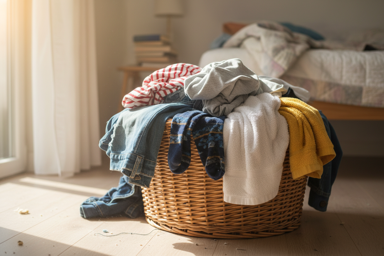 Pile of dirty laundry overflowing a basket in a bedroom